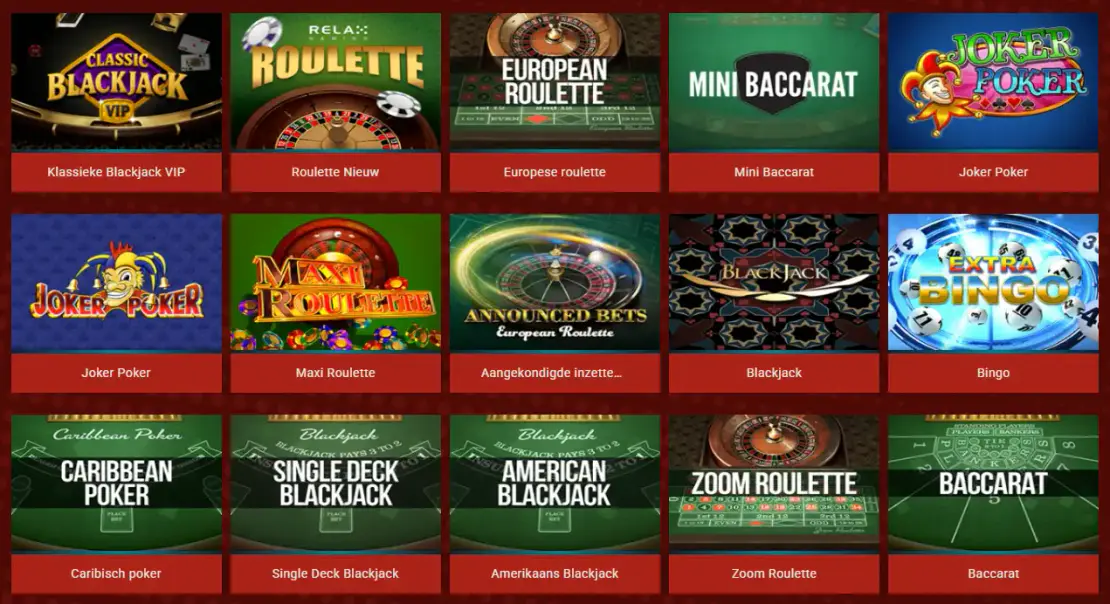 Overzicht van tafelspellen bij Rant Casino met roulette, blackjack, baccarat, poker en bingo